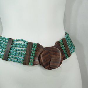 Multi Strand Turquoise Beaded Belt Faux Wood Buckle and Accent Pieces Stretchy